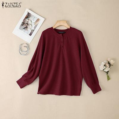 Women Casual Round Neck Long Sleeve Loose Ribbed Retro Blouse