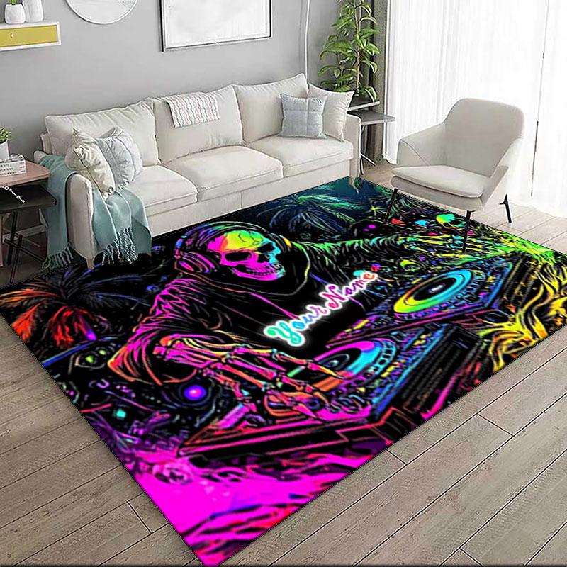 1PC Custom Name "Neon Skull DJ Party" Theme Floor Mat Ideal for Living Room, Game Rooms, Office, Bedroom,Floor Mat Playful Design