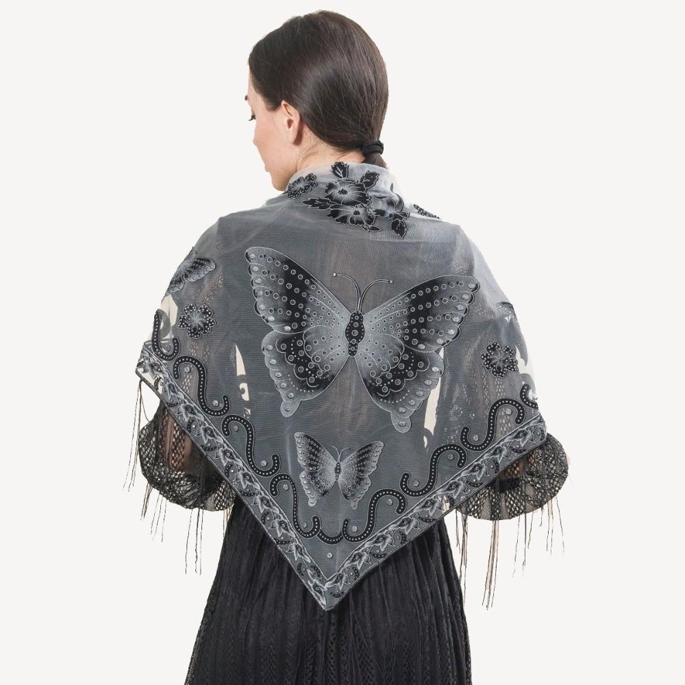 Butterfly Lace Hollow Scarf Polyester Mesh Scarves Elegant Tassel Triangle Shawl Church
