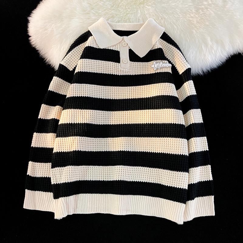 Men's Retro Striped Polo Collar Sweater - Autumn/Winter College Style Loose Knitwear