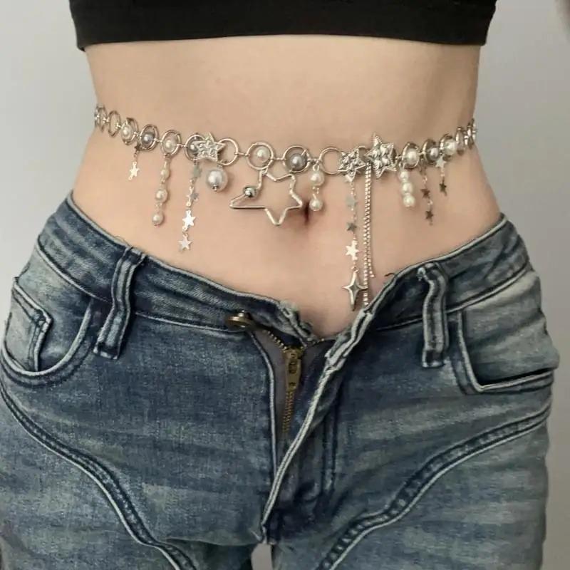 Nuovo Coreano Lucido Strass Stella Pentagramma Catena di Vita per Le Donne Bling di Cristallo Catena di Perle Nappa Cintura Corpo Chian Y2K Gioielli