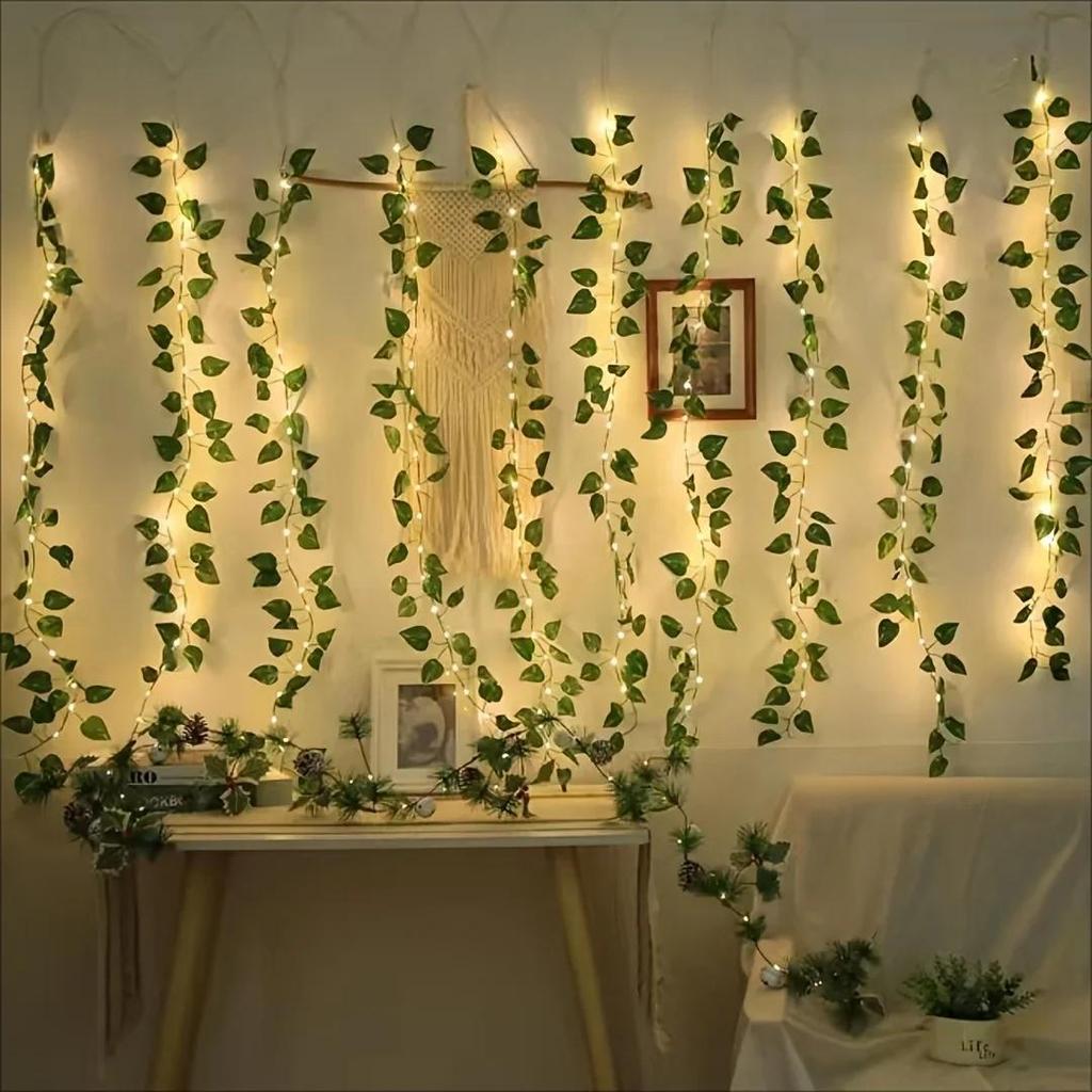 LED Green Leaf Fake Plant String Lights LED Battery Powered for Wall Room Office Birthday Home Bedroom Halloween Christmas Decor