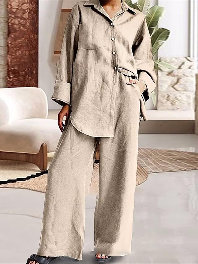 

Long Pant Sets Cotton Linen Women Casual Style Solid Color Loose Wide Legs Pants Two Piece Set Clothing Ladies S абрикосовый