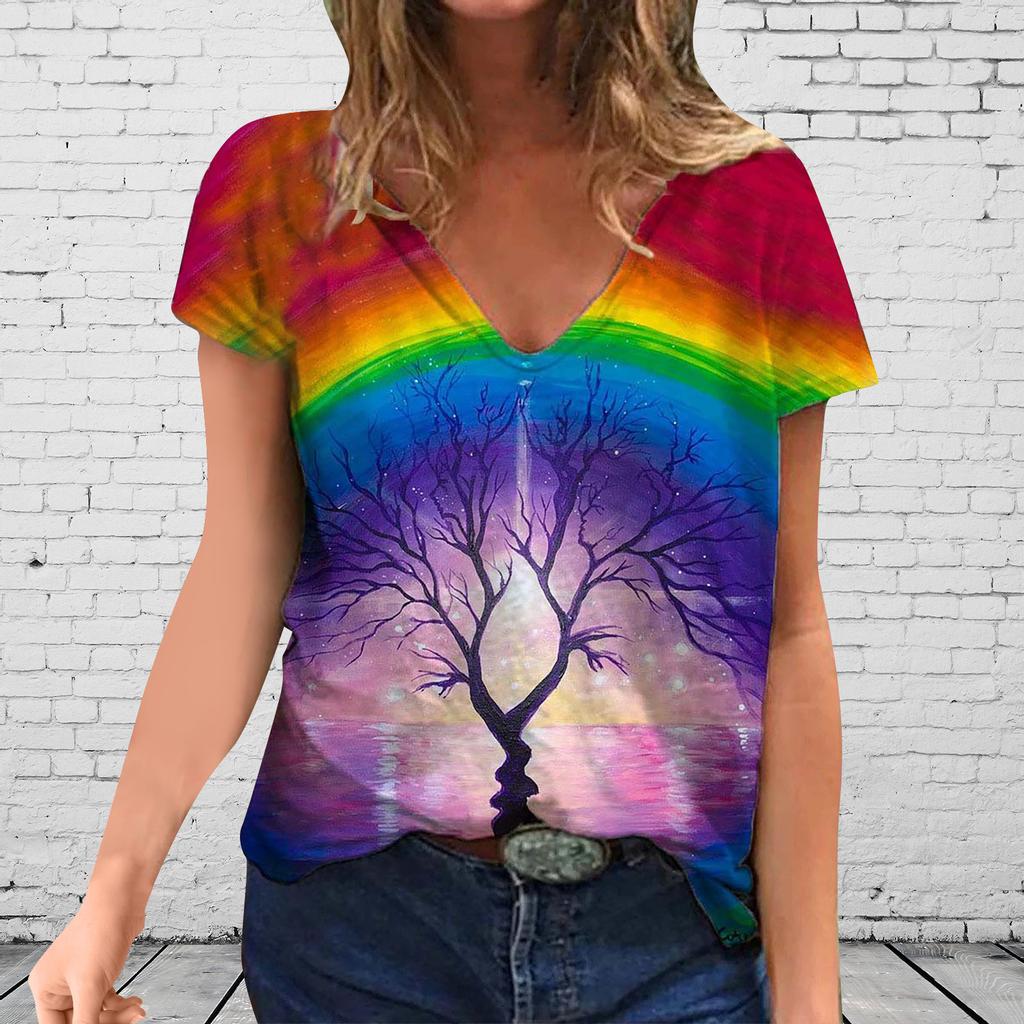 Plus Size Women Short Sleeve Printed V-Neck Tops Tee T-Shirt Blouse