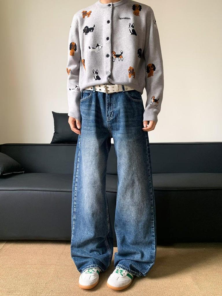 Jeans pour hommes automne coupe ample brodés d'étoiles jambes larges