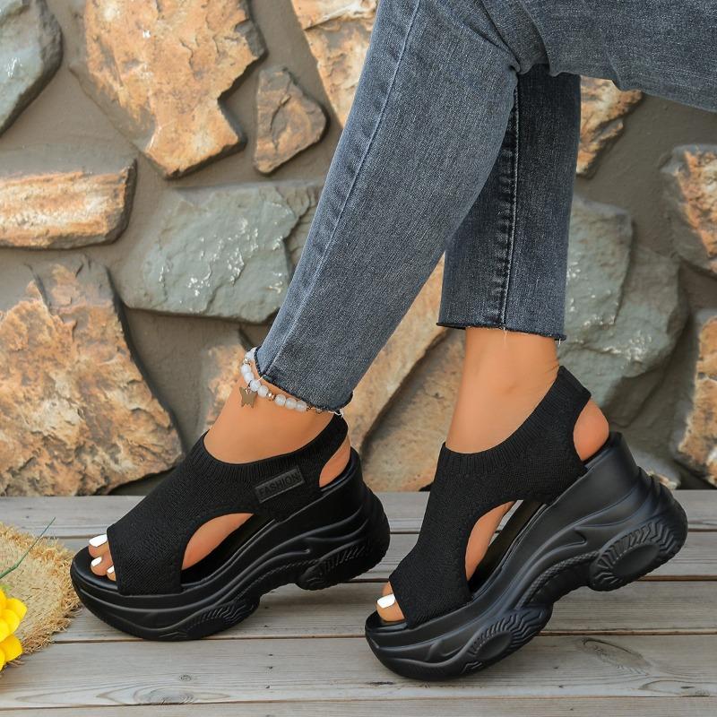 Sandales à plateforme tricotées pour femmes à largeur large, sandales sportives à bout ouvert à talon compensé, chaussures d'été de style européen en gros
