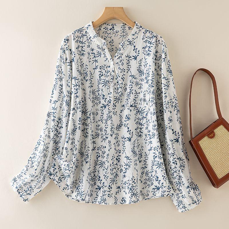 

New Chinese Style National Style Blue and White Porcelain Printed Shirt Women s Autumn Elegant Women s Tops Loose Long Sleeves Shirt Bottoms Blue and white porcelain Print(Long sleeves) M
