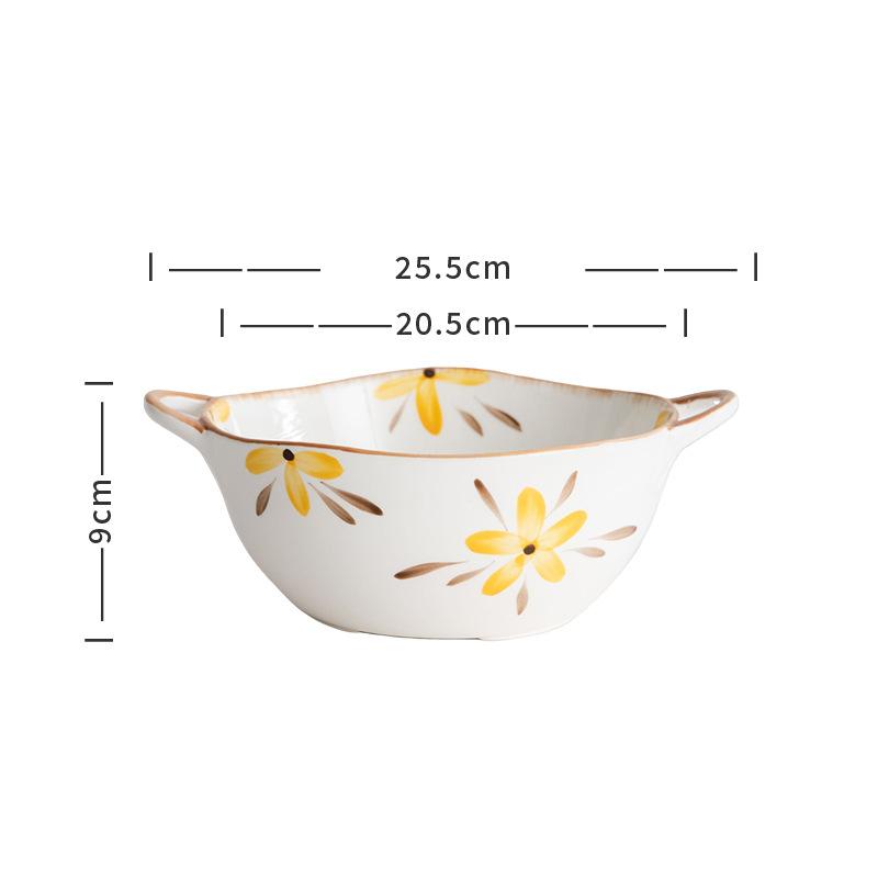 Household minimalist style ceramic soup bowl Japanese yellow flower painted tableware double ear large bowl salad bowl