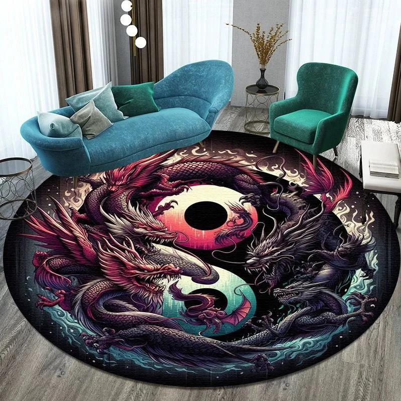 Large Round Carpet Rug Living Room Bedroom Decoration Anti Slip Tree of Life Mat Dragon Lion Tiger Yin Yang Tai Chi Carpet Rugs