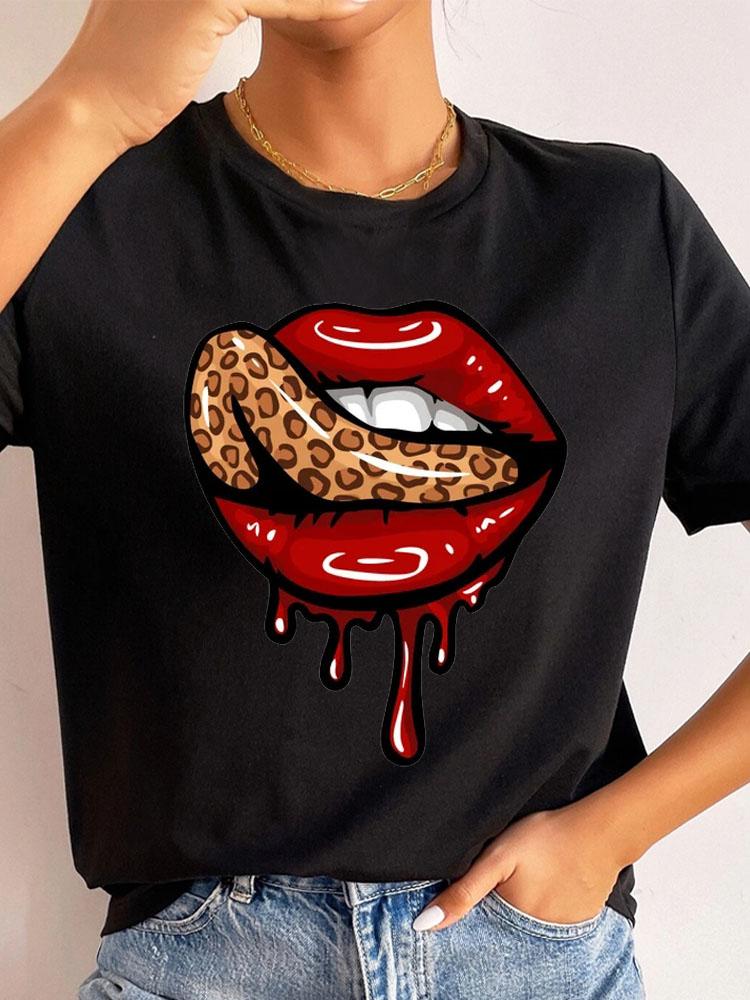 New Fashion Women T Shirt Leopard Lip Print T-Shirt T-Shirt Short Sleeve Tops Female Ladies Summer Tee Shirts Streetwear