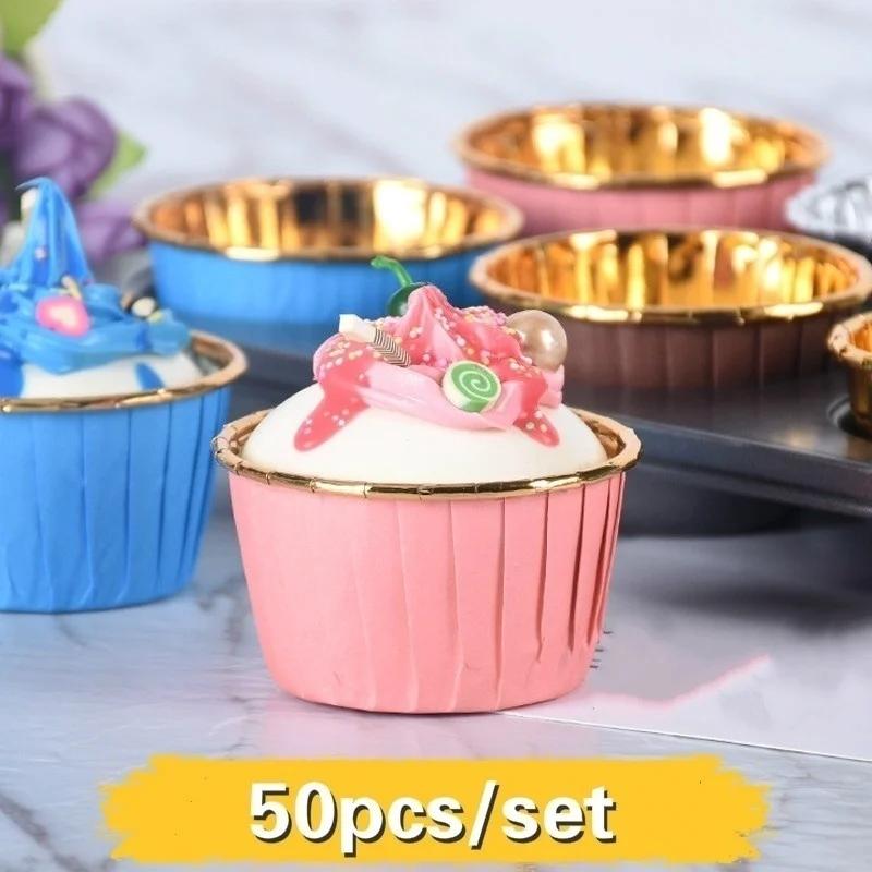50 Pcs/set Thick Gold and Silver Coating Roll Cup Cake Cup High Temperature Baking Cup Baking Supplies
