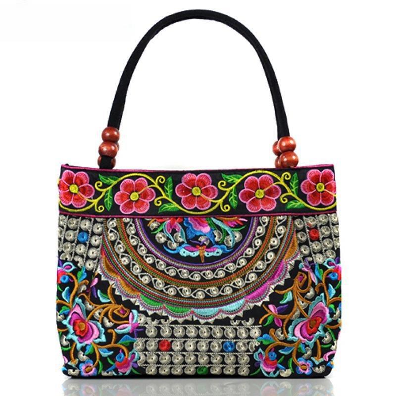 Fashion Embroidery Women Small Handbags National Floral Embroidered Lady Top-handle Bags Single-layer Beading Falp Carrier