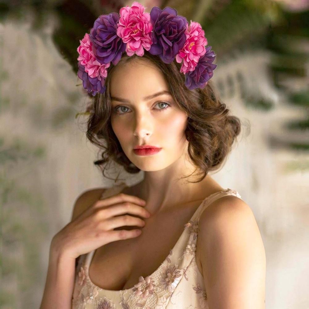 Rose Flower Bohemian Headband Women Bride Floral Wreath Head Hoop Hair Accessories Wedding Festival Mexican Party Decoration