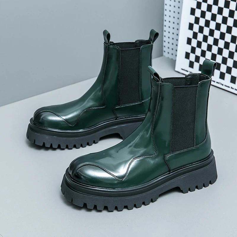 Neue Chelsea Boots für Herren Grün Schwarz Lackleder Runde Zehen Slip-On Schuhe für Männer mit Größe 38-44 Stiefeletten