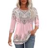 Women's Fashionable Casual Pleated Round Neck Casual Floral Print Seven Quarter Sleeved T-shirt Top