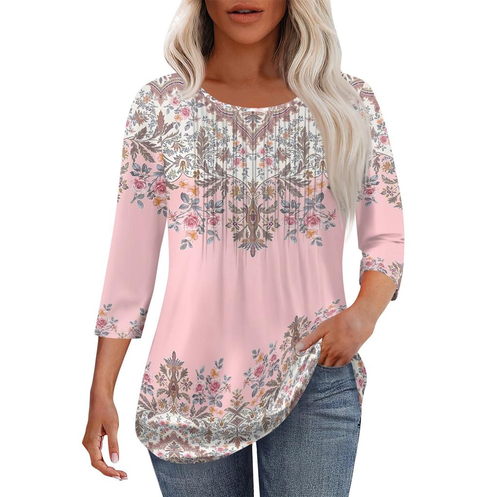 Women's Fashionable Casual Pleated Round Neck Casual Floral Print Seven Quarter Sleeved T-shirt Top