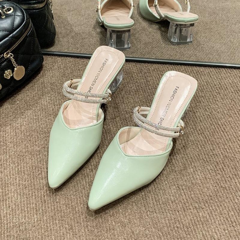 Fashion pointed high heels summer new thick heel solid color rhinestone sandals daily casual lady bag head slippers