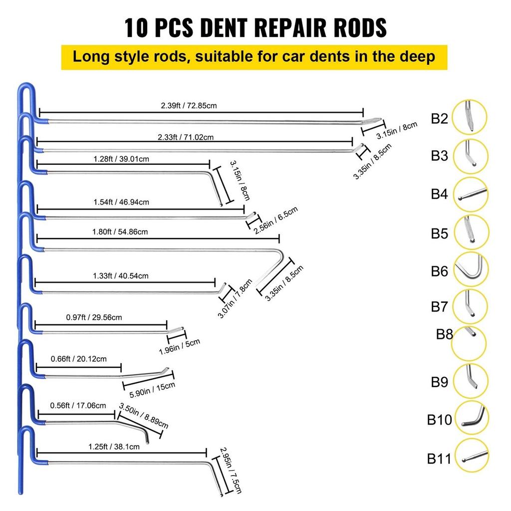 Rods Dent Removal Kit, 20 Pcs Paintless Dent Repair Rods, Stainless Steel Dent Rods, Whale Tail Dent Repair Tools, Professional Hail Dent Removal Tool