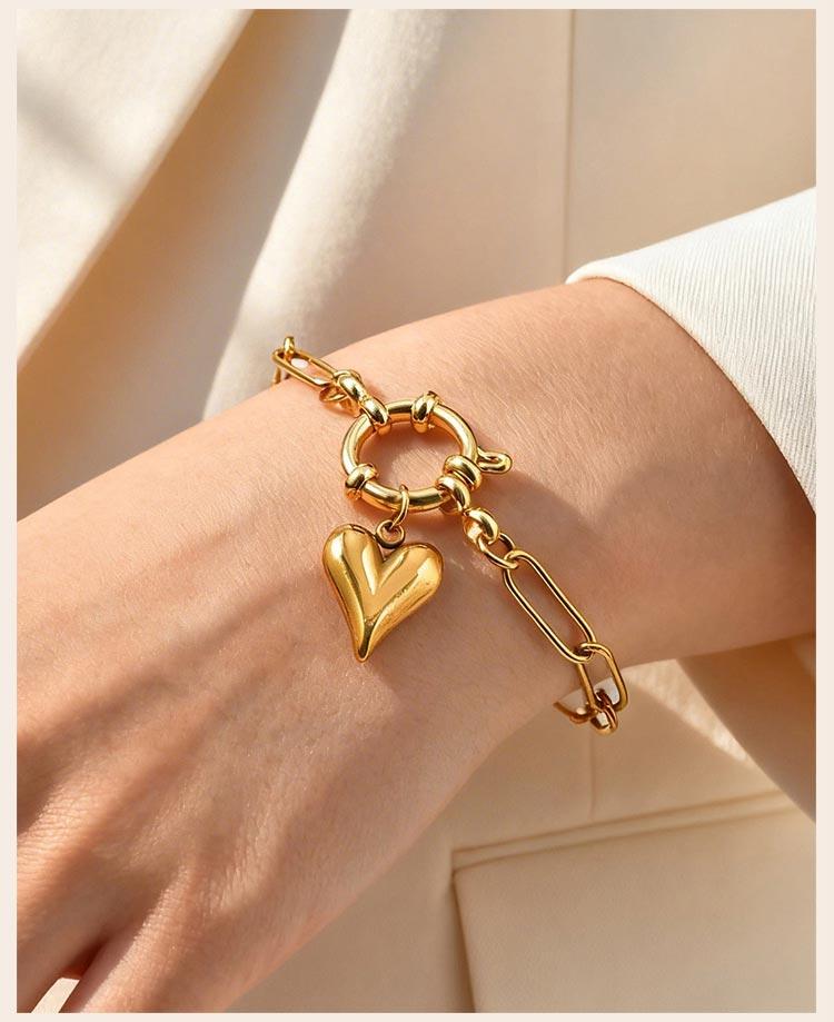 18K Gold Plated Stainless Steel Paperclip Link Chain Bracelet for Women, Spring Clasp Toggle Clasp Zircon Heart Charm Bracelet