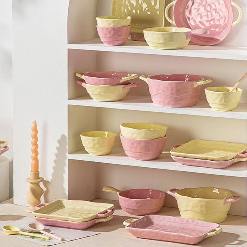 Ins Color Matching Advanced Sense Ceramic Handle Bowl Baking Bowl Atmosphere High Value Instant Noodle Bowl Salad Fruit Yogurt Bowl