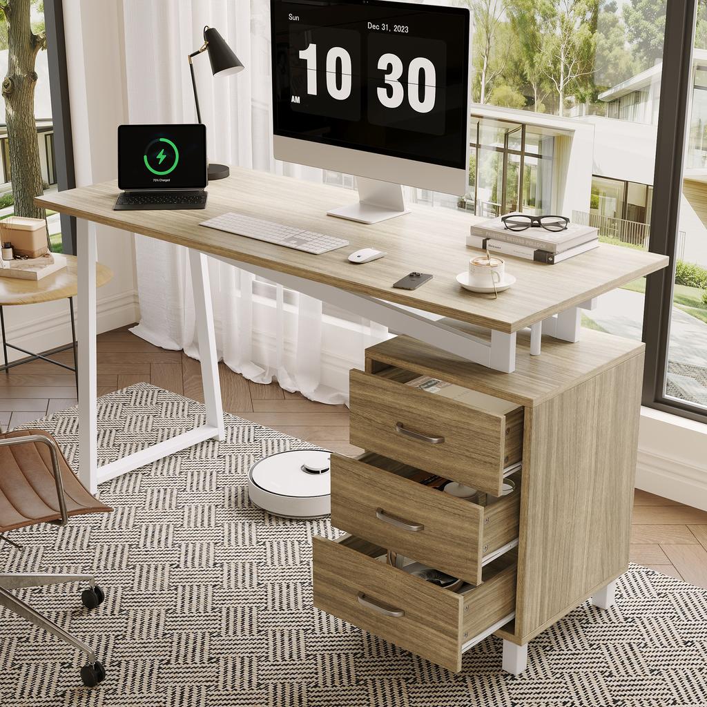 130*55*75cm, Prostorný psací stůl s úložným prostorem, Materiál MDF s vysokou hustotou, Výsuvy zásuvek, Trojúhelníkové podpěry, Snadná montáž a čištění, Přírodní dřevo + Bílá