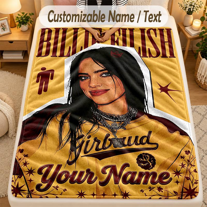 Flannel BlanketBillie Eilish Custom Name Text Personalized Soft Warm Throw Blanket Home Decor Gift