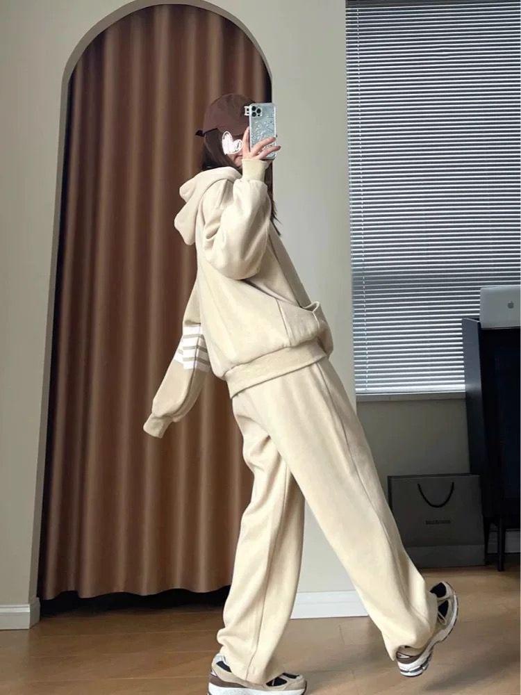 Women's Plus Size Fleece-Lined Two-Piece Casual Sweatshirt Set – Lazy Style Fall/Winter Trend