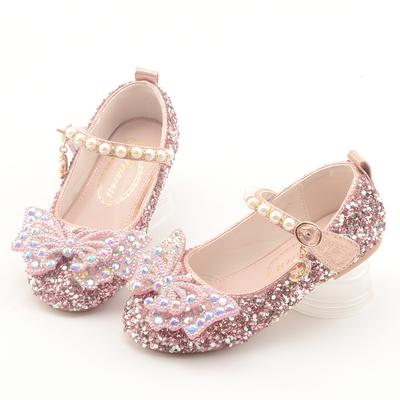 Korean Style Rhinestone Big Bow Girl Princess Shoes Beaded Crystal Children's Shoes Soft Sole Leather Shoes