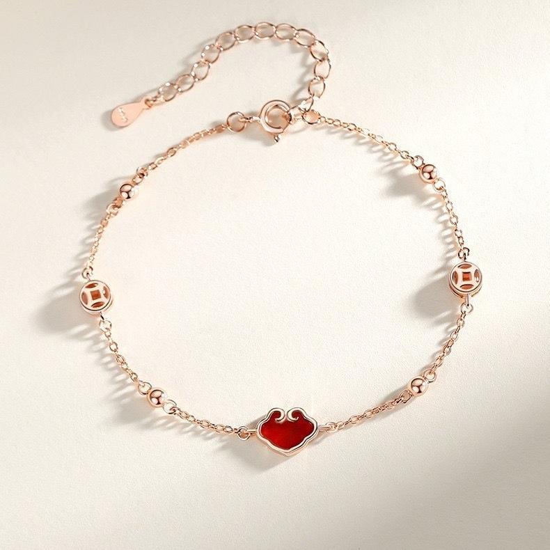 Ruyi Xiangyun Bracelet Women's Retro Niche High-end Copper Coin Red Enamel Ruyi Lock To Give Girlfriend A Gift
