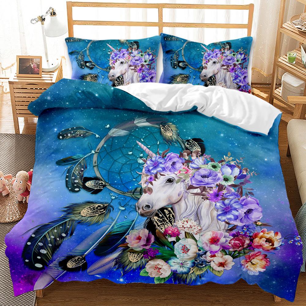 Cartoon Unicorn Floral Duvet Cover Set Magical Animals Pattern Boys Girls Bedding Sets Queen/King 1 Duvet Cover 2 Pillowcases