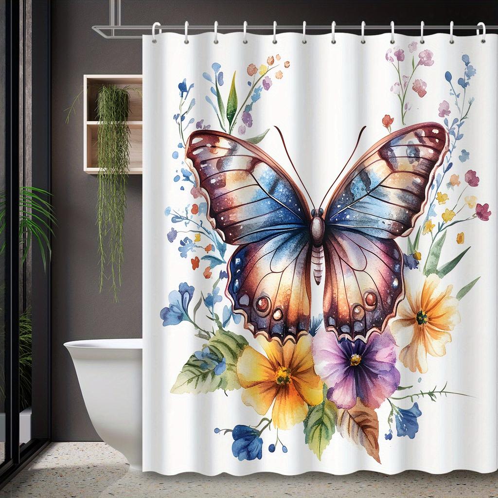 Watercolor Cartoon Butterfly Floral Shower Curtain, 12 Hooks, High Quality for Bathroom Decor