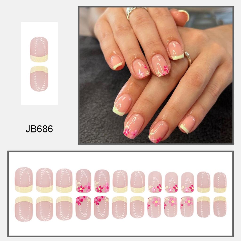 Firkantede påpressnegler Blomst Løsnegler Lim på negler Kunstige akrylnegler 24 stk Selvklebende negler for kvinner jenter