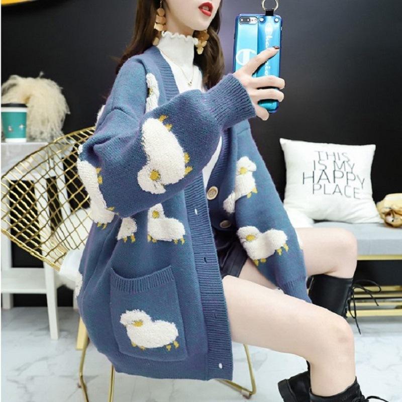 Winter Autumn Sweater Women Sweater Winter Color Matching Animal Pocket Cartoon Sheep Loose Women Cardigan Women