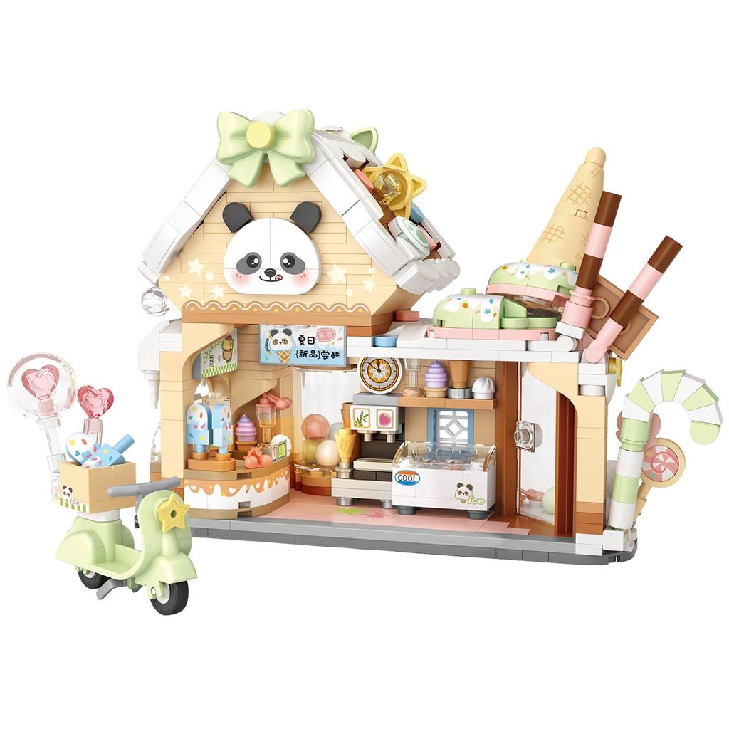 MEIEST Bloc de Construction Magasin de Glaces Panda, Ensemble de Blocs de Construction Magasin Mini Ville Rue Panoramique Jouet de Construction à Particules, Décoration de Maison