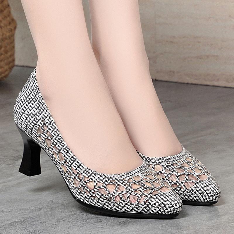 Fashion Summer Single Shoes Mesh Breathable Versatile High Heels Women's Shoes Middle-Aged Temperament Pointed Toe Shallow Mouth Shoes