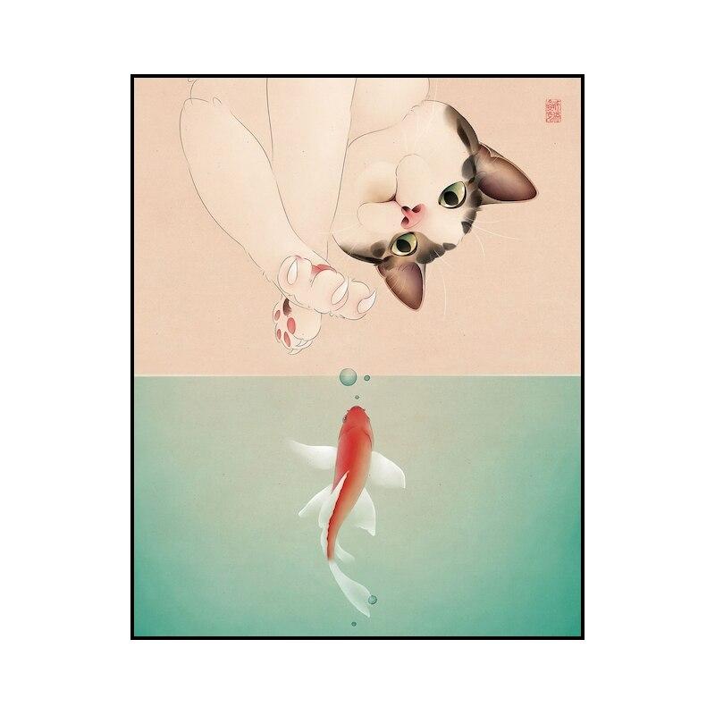 Arte de animais engraçados adoráveis, gato brincando com peixes na água, pôster, pinturas em tela, impressão, arte de parede, imagem para casa