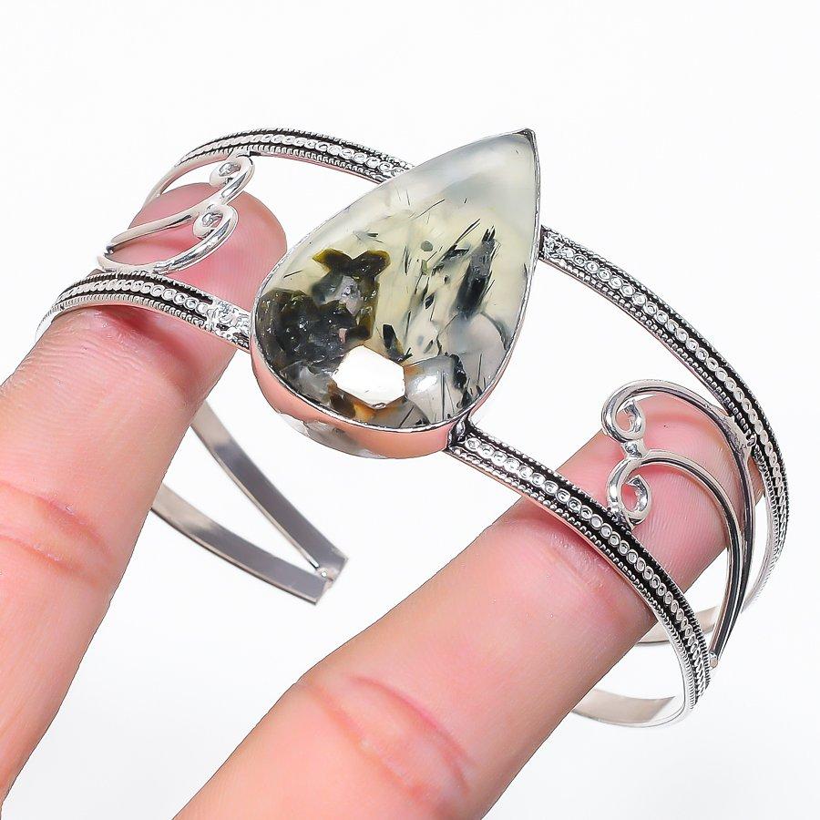 

Natural Moss Prehnite Gemstone 925 Sterling Silver Cuff Bangle Adjustable j3p86