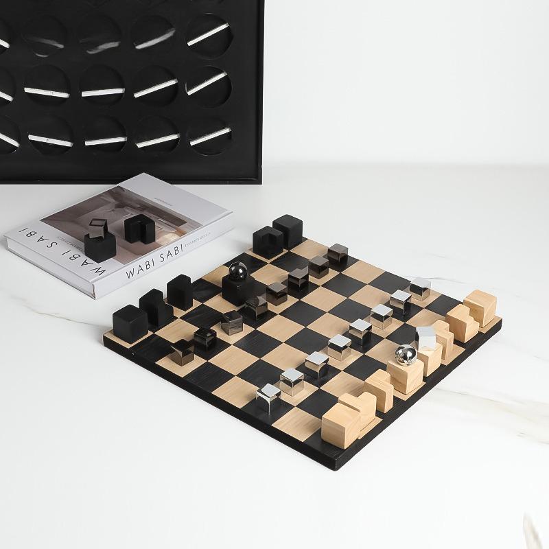 Modern Solid Wood Chessboard Chess Ornaments Geometric Cube Handicrafts Chess Figurines Home Decoration Accessories