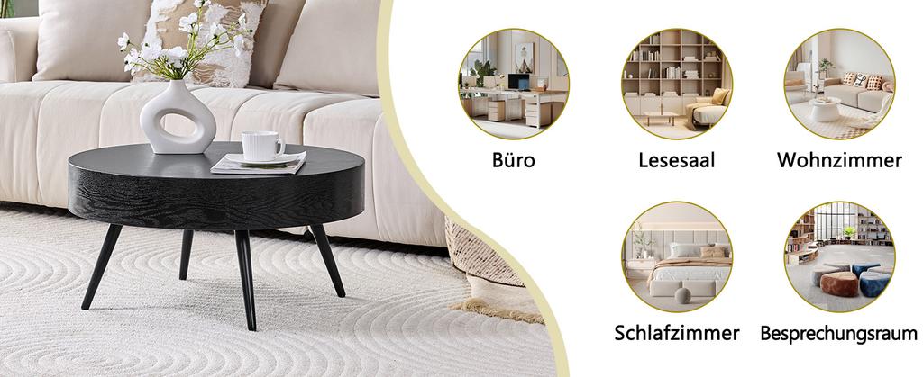 Tavolino da Caffè Rotondo con Diametro 70 cm in Legno Nero (MDF) & Gambe in Metallo Nero. Design Minimalista, Ideale per Soggiorno e Spazi Piccoli.