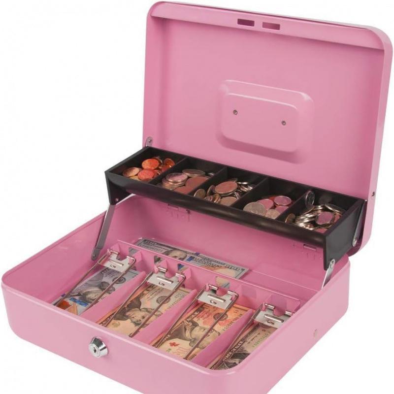 Child's Key-Operated Metal Money Box Safe with Bill Clip and Storage 