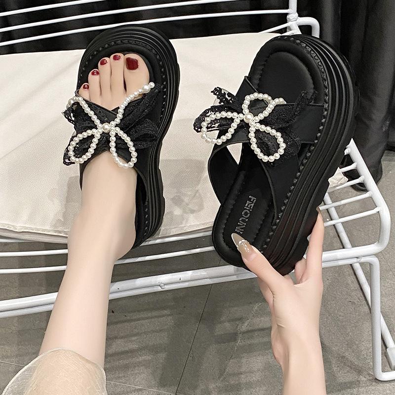 2025 Summer New Slippers Women's Lace Bow Gentle Temperament Small Fresh Wear Comfortable Beach Slippers