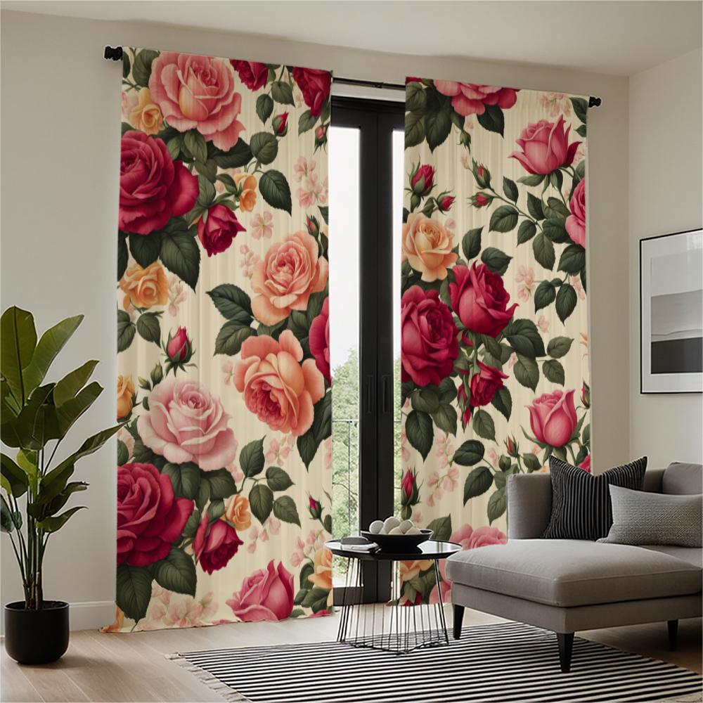 2-delat set med högupplöst digitaltryckt gardinvintage blommiga rosor rosa röd grön stångficka gardintygHemdekorati
