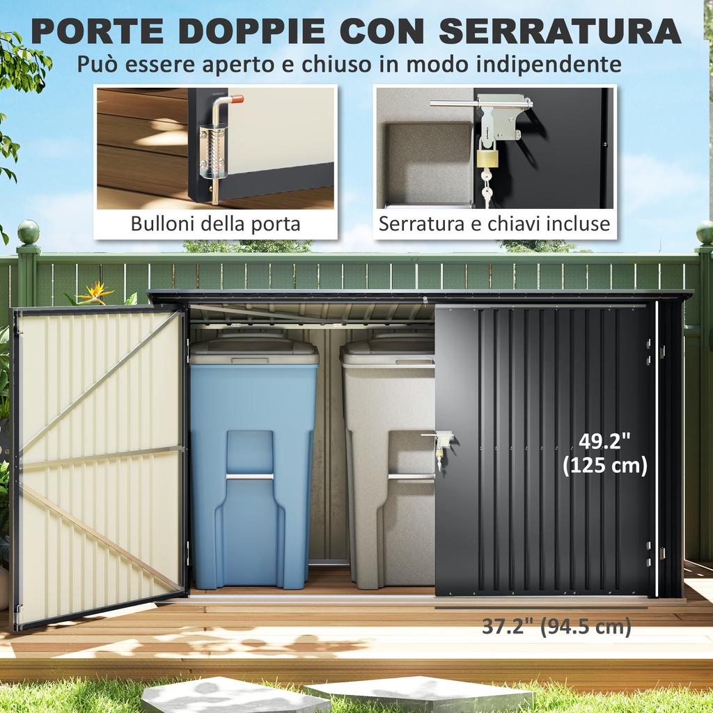 Steel Bin Shed for 3 Bins of 240L with 2 Doors and Lid, 233x105x118.5/133 Cm, Dark Grey