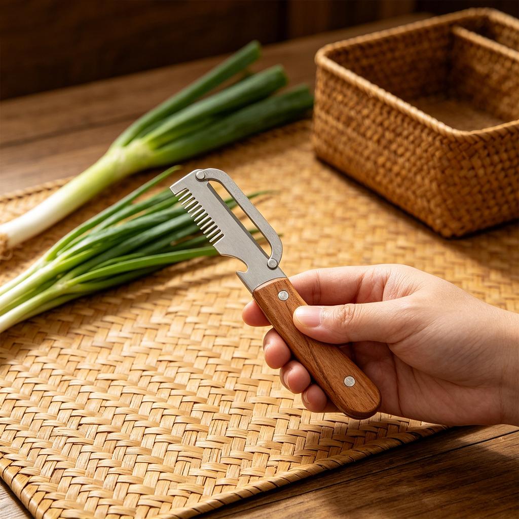 Multifunctional Stainless Steel Vegetable Slicer and Peeler with Wooden Handle for Shredding and Cutting Onions Carrots Cucumbers