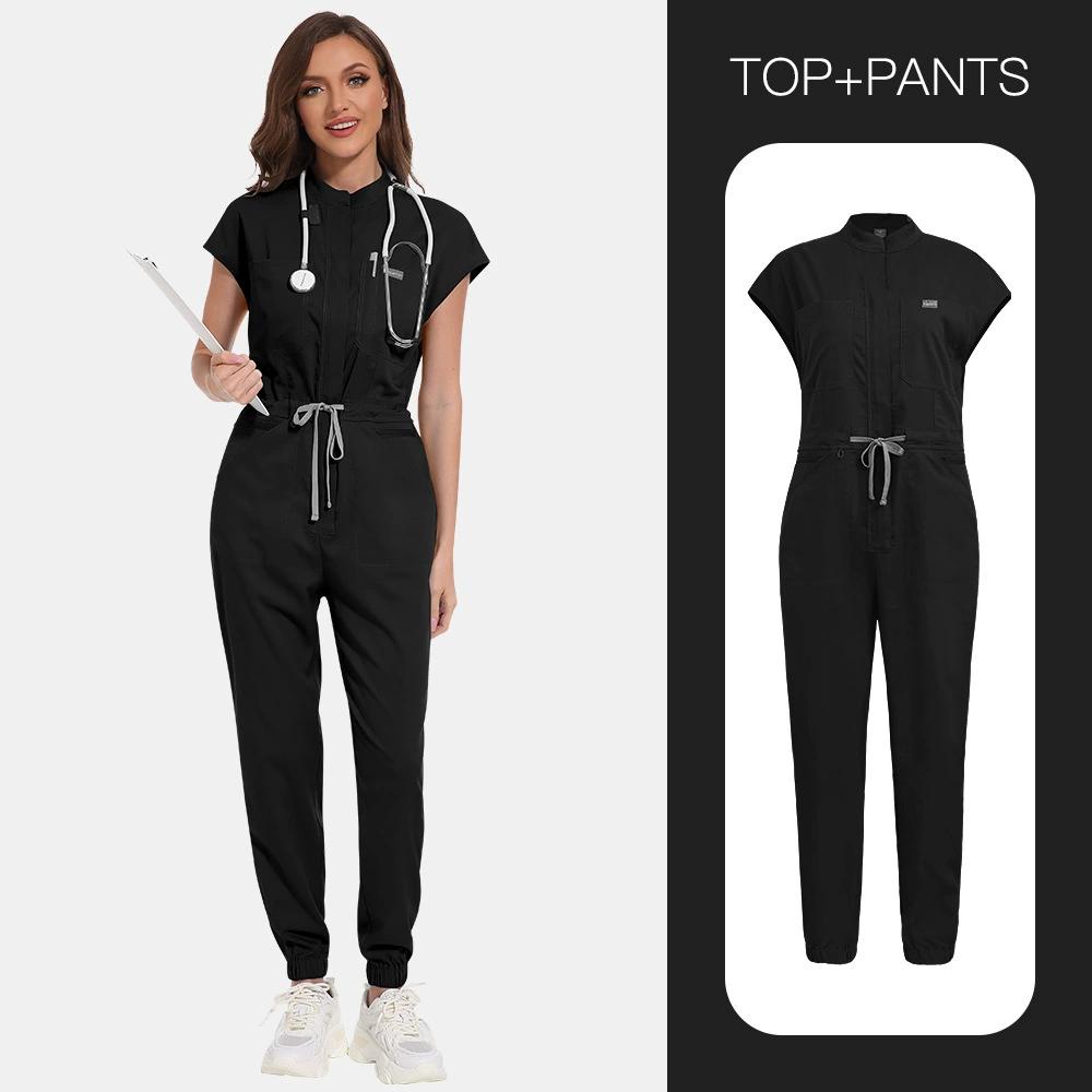 Niaahinn Scrubs Clinical Uniform Woman Fashion Jumpsuit Elastic Breathable Work Wear Color Blocking Drawstring Straight Jumpsuit