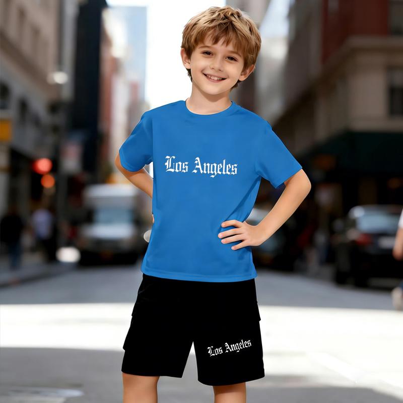 Boys 2 Piece Los Angeles Letter Print Outfit, Short Sleeve T-Shirt and Shorts Set for Kids Age 5-14, Black and White Sporty Casual Summer Clothes