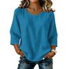 Blusa Top Casual para Mujer de Color Sólido, Cuello Redondo, Manga Tres Cuartos, Mezcla de Lino y Algodón, Corte Holgado, para Uso Diario