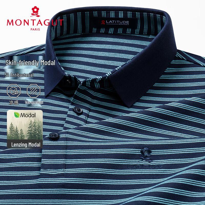 MONTAGUT Men's Striped Long-Staple Cotton Short-Sleeve Polo Shirt
