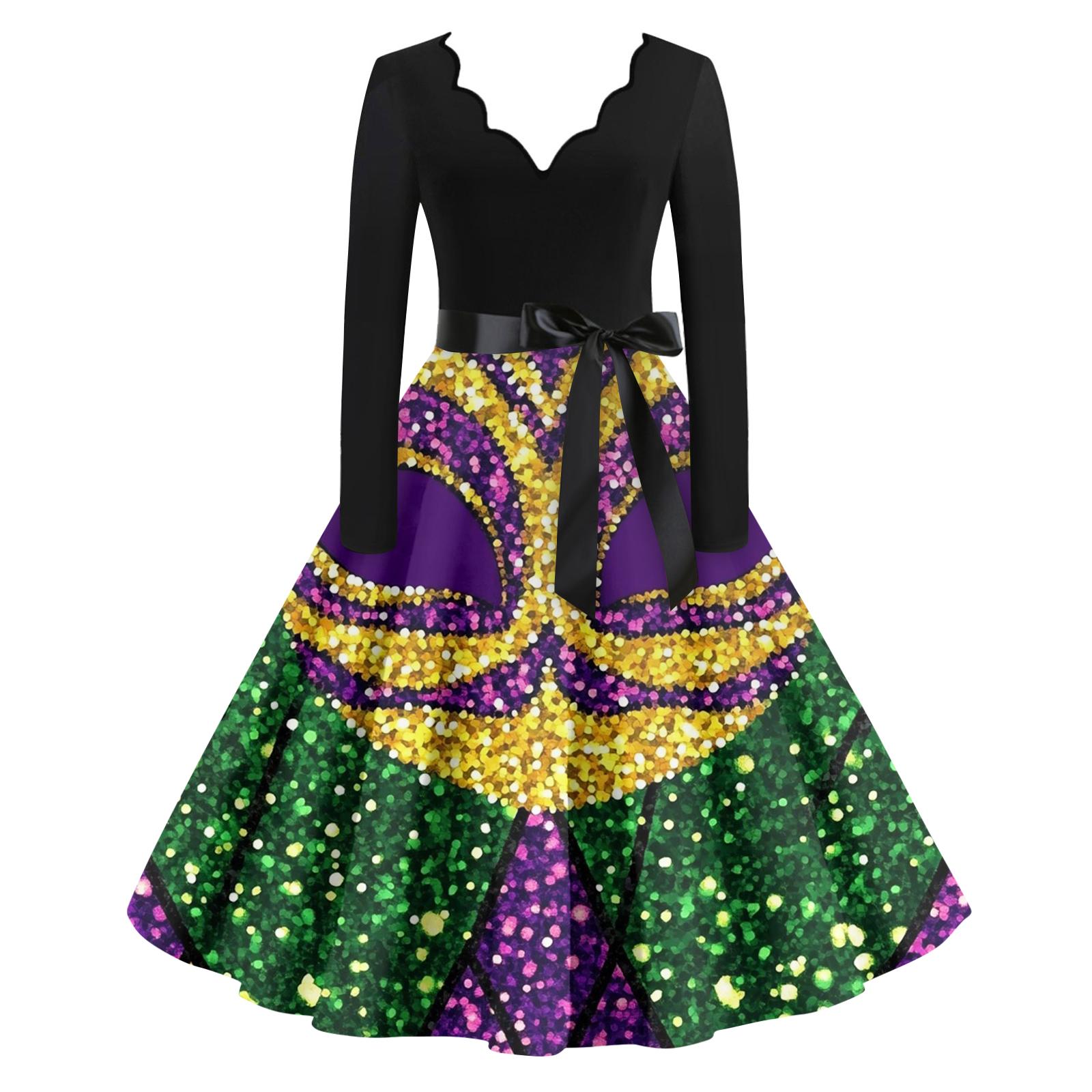 

Женское повседневное модное платье с V-образным вырезом и длинным рукавом с принтом в винтажном стиле L