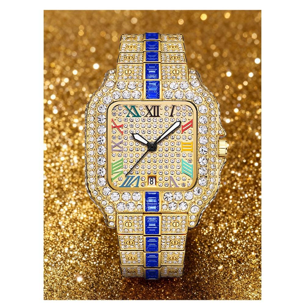 Hip Hop Iced Square Quartz Watch for Men Full Diamond Calendar Luxury Watch